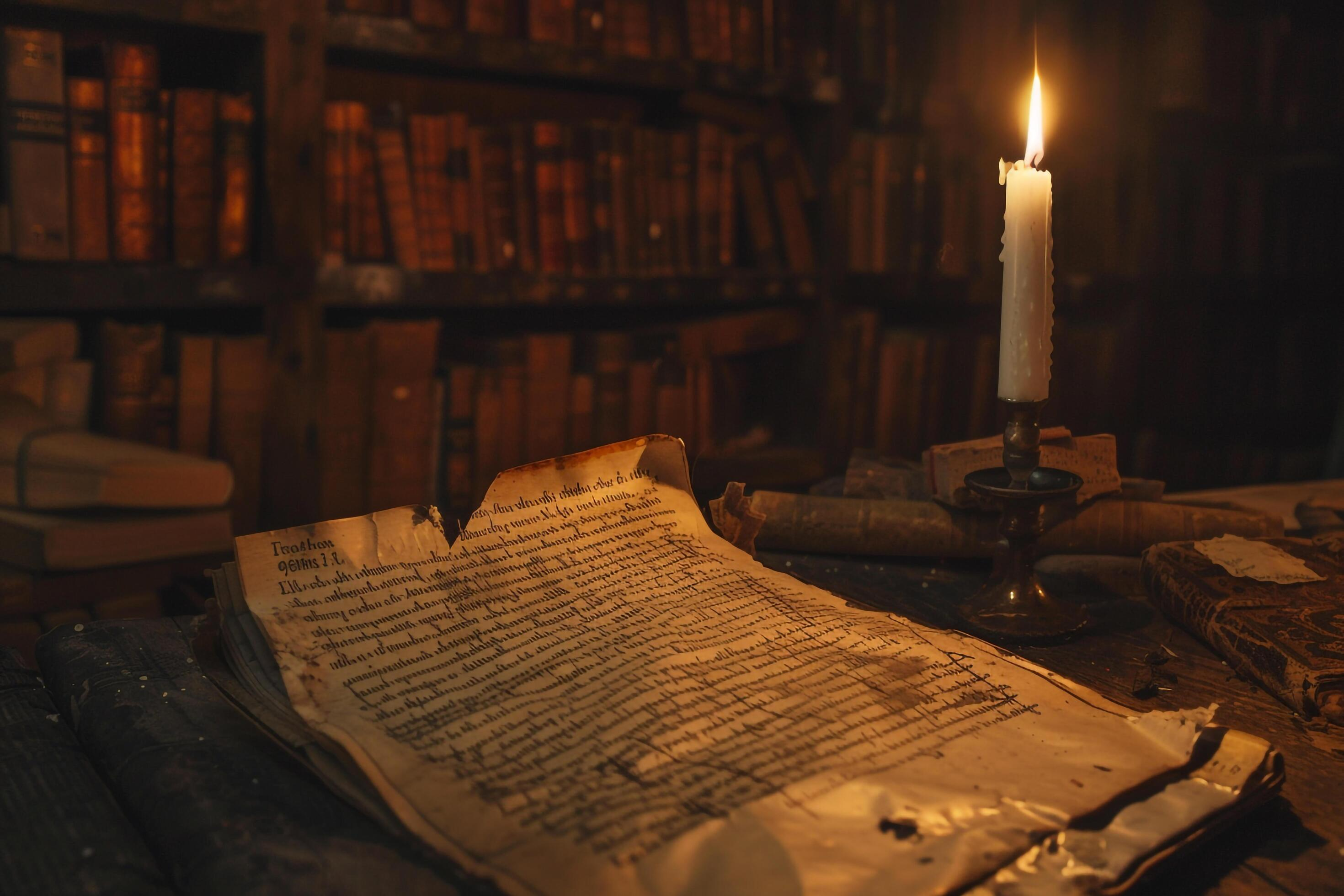 Flickering candlelight casting shadows on old manuscripts in a dusty library