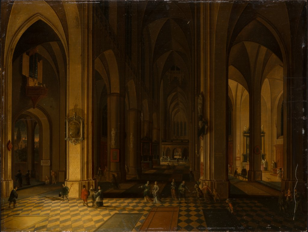 Interior of a Gothic church by candlelight, after Pieter Neefs the Elder, circa 1640